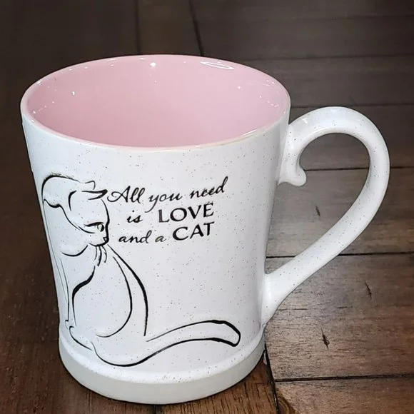 White And Pink Ceramic Cat Coffee Mug - All You Need Is Love And a Cat 16 Oz - Picture 7 of 16